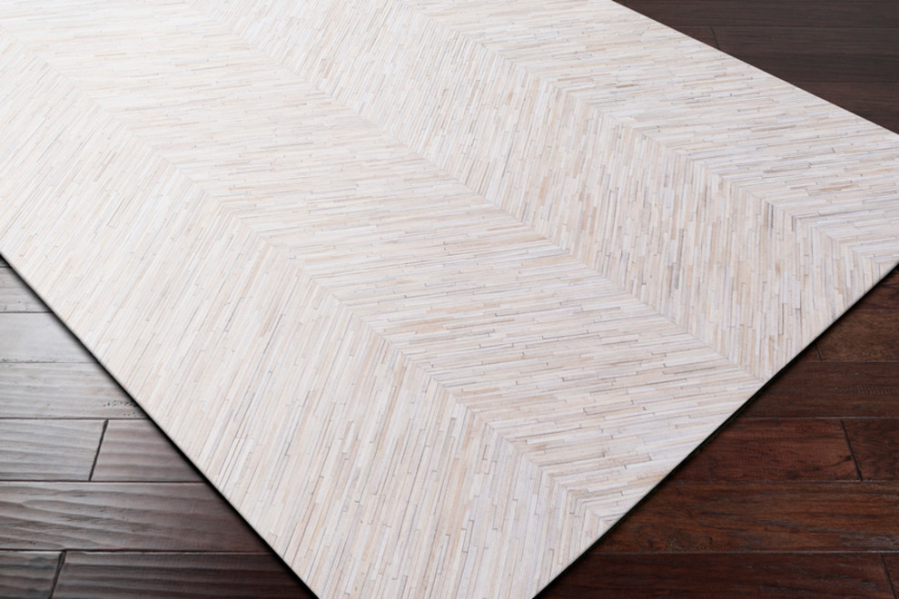 Zander Hide, Leather and Fur White, Taupe Area Rug, 5'x8