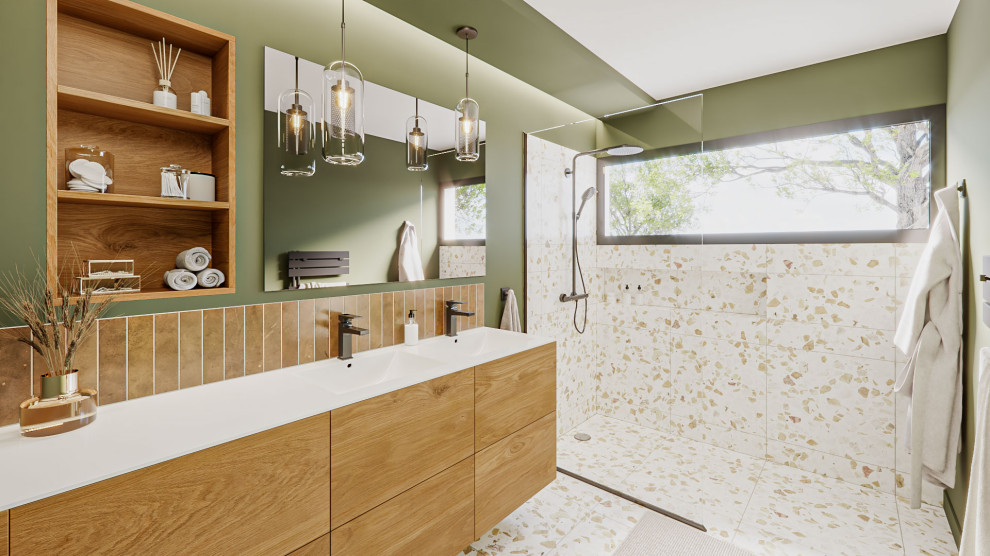 This is an example of a contemporary 3/4 bathroom in Angers with beaded inset cabinets, light wood cabinets, a curbless shower, green walls, terrazzo floors, a console sink, white floor, white benchtops, a niche, a double vanity and a floating vanity.