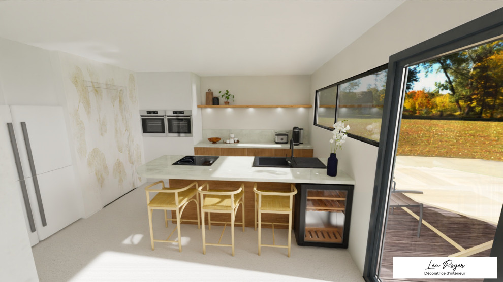 Foto på ett funkis parallellkök, med marmorbänkskiva, stänkskydd i marmor, rostfria vitvaror, betonggolv, en köksö och beiget golv