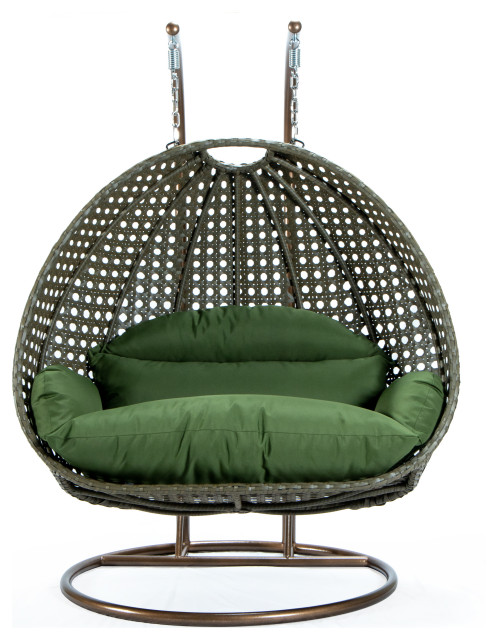 2 Person Beige Wicker Double Hanging Egg Swing Chair, Dark Green