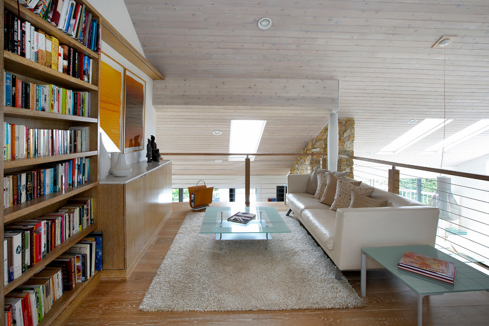 This is an example of a mid-sized contemporary loft-style living room in New York with a library, white walls, light hardwood floors and no tv.