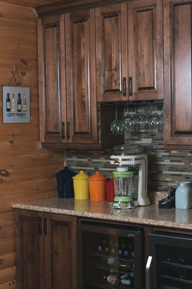 Inspiration for a rustic single-wall home design remodel with dark wood cabinets, laminate countertops, multicolored backsplash and beige countertops