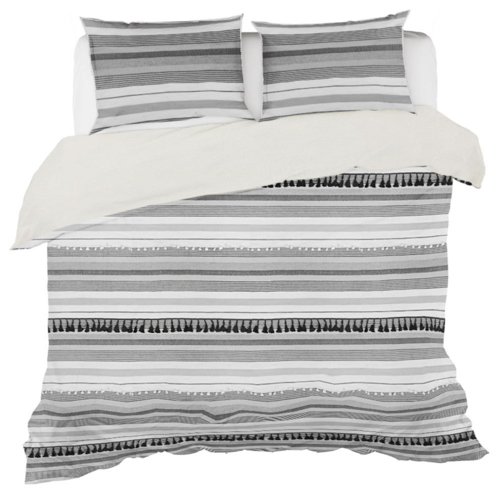 88" Gray and White Boho Striped Duvet Cover Set Queen Size