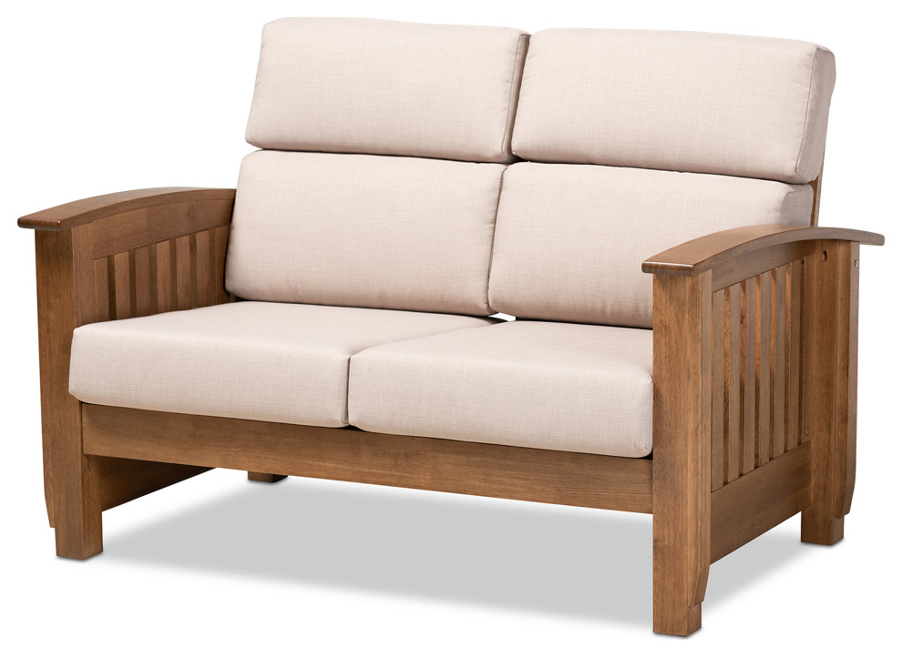 Charlotte Mission Style Taupe Fabric Walnut Brown Finish Wood 2Seater