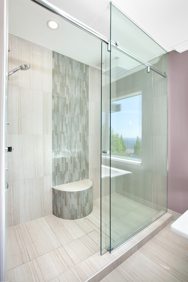 This is an example of a transitional bathroom in Vancouver with an alcove shower, mosaic tile, beige tile and gray tile.