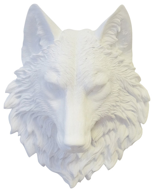 Faux Wolf Head Wall Mount W01 Wall Decor, White - Rustic - Wall