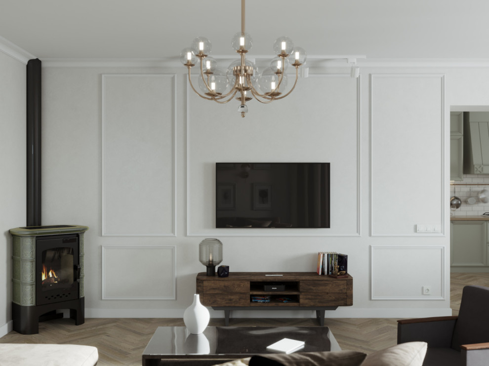 Кухня и гостиная комната из проекта загородного доиа в г.Тюмень