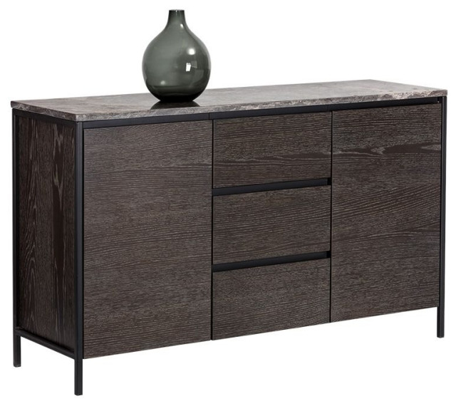 Stamos Sideboard, Black, Light Gray Marble/Charcoal Gray Transitional