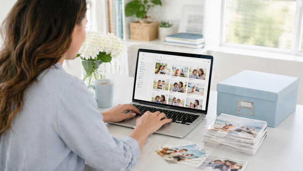 Woman Organizing Digital and Physical Photos