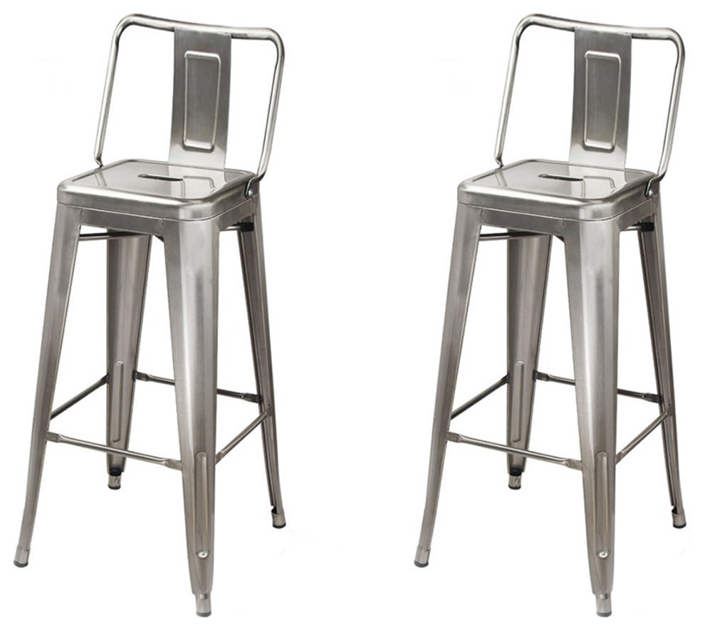 Metal Gunmetal Bar Stools With Middle Back, Set of 2 Industrial Bar