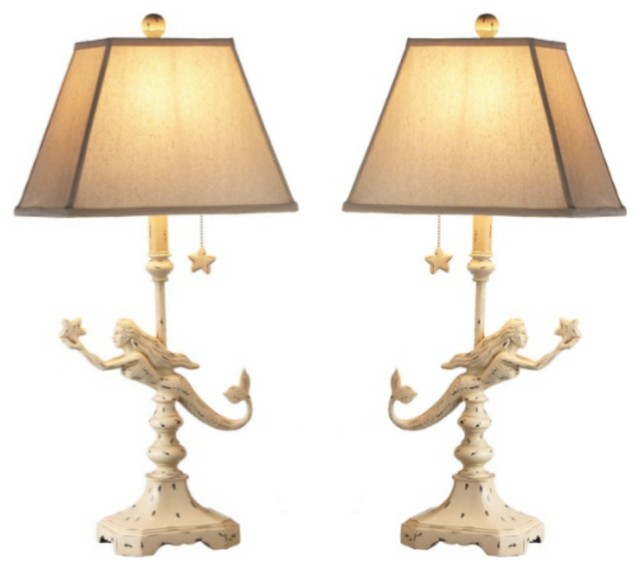 Coastal Off White Mermaid Electric Table Lamps 60 Watt Set Of 2