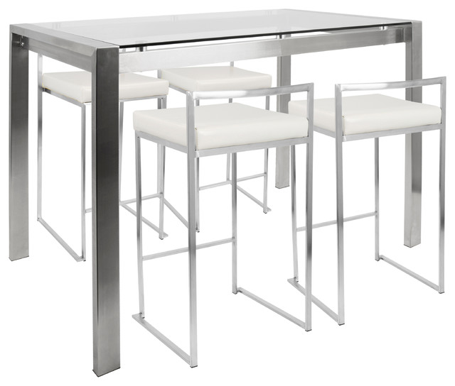 Fuji 5 Piece Contemporary Counter Height Dining Set Stainless Steel Fuji 5 Piece Contemporary Counter Height Dining Set Stainless Steel And White