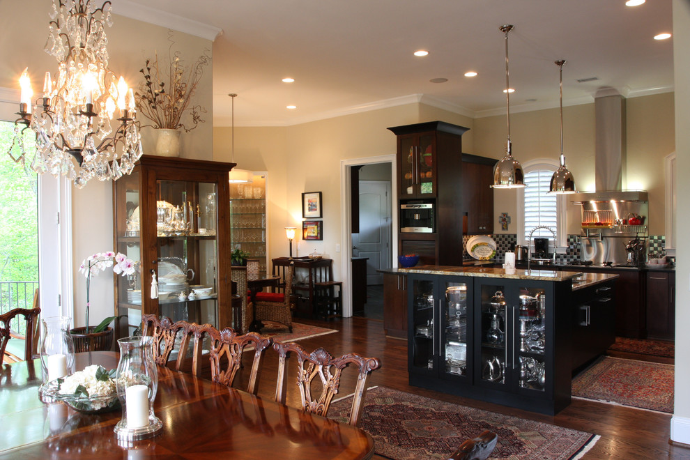 Kitchen/dining room combo - mid-sized rustic dark wood floor kitchen/dining room combo idea with yellow walls