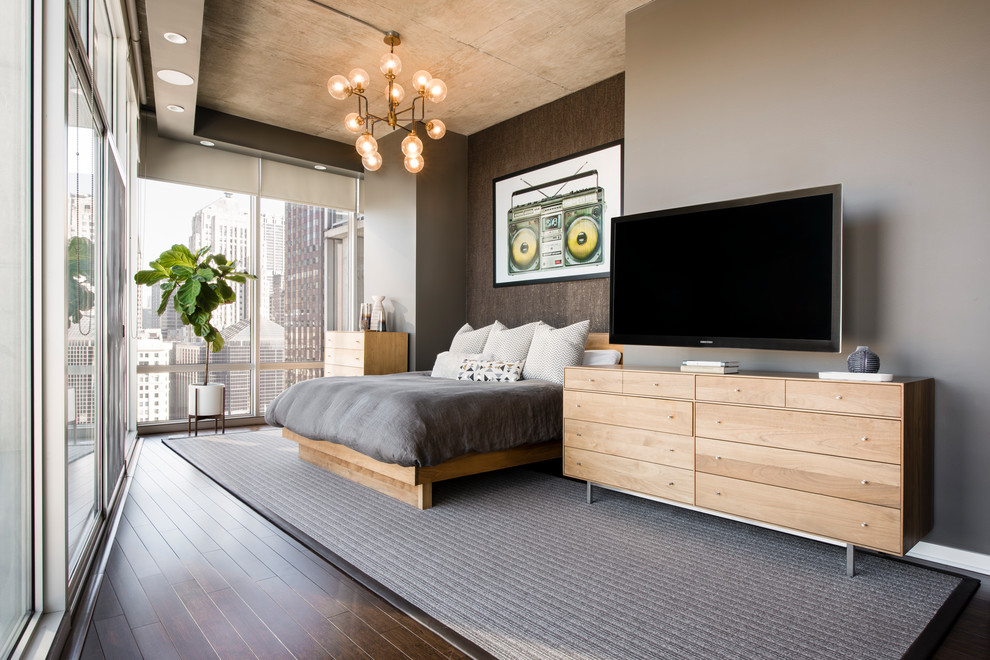 Design ideas for a large contemporary master bedroom in Chicago with dark hardwood floors.