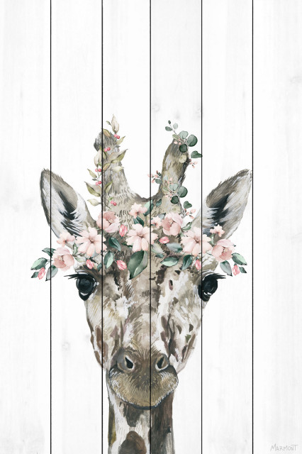 "Floral Crowned Giraffe" Painting Print on White Wood, 30x45
