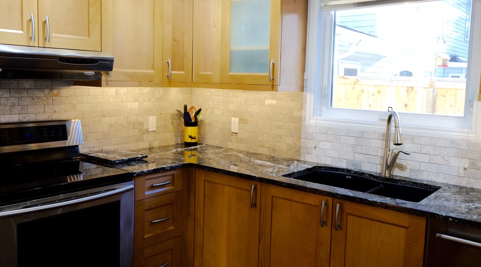 Kitchen - transitional kitchen idea in Calgary with shaker cabinets and quartzite countertops