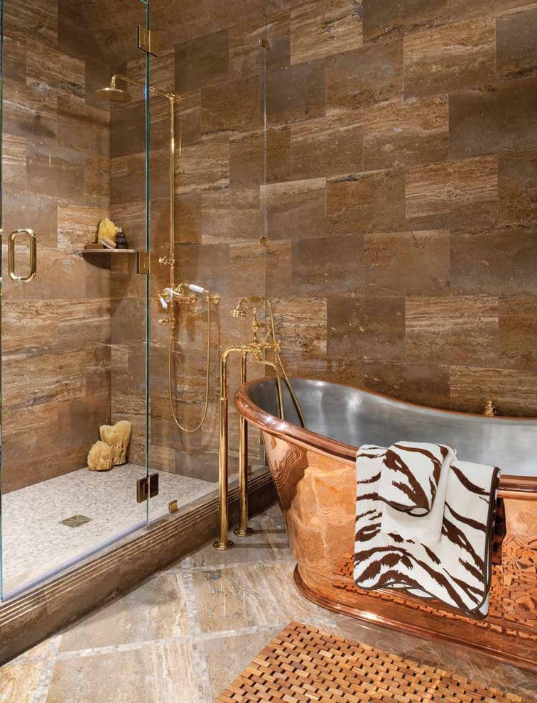 Inspiration for a large country master bathroom in Dallas with a freestanding tub, a corner shower, brown tile, porcelain tile, brown walls, ceramic floors, beige floor and a hinged shower door.