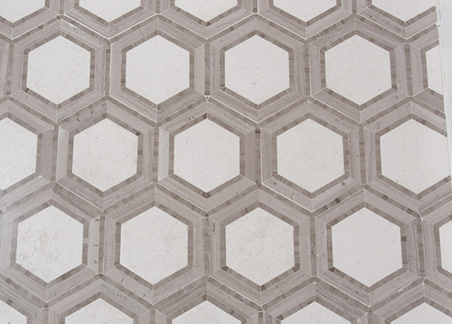 Hex Appeal Mosaic Marble, Ivory and Athens Silver, Sample