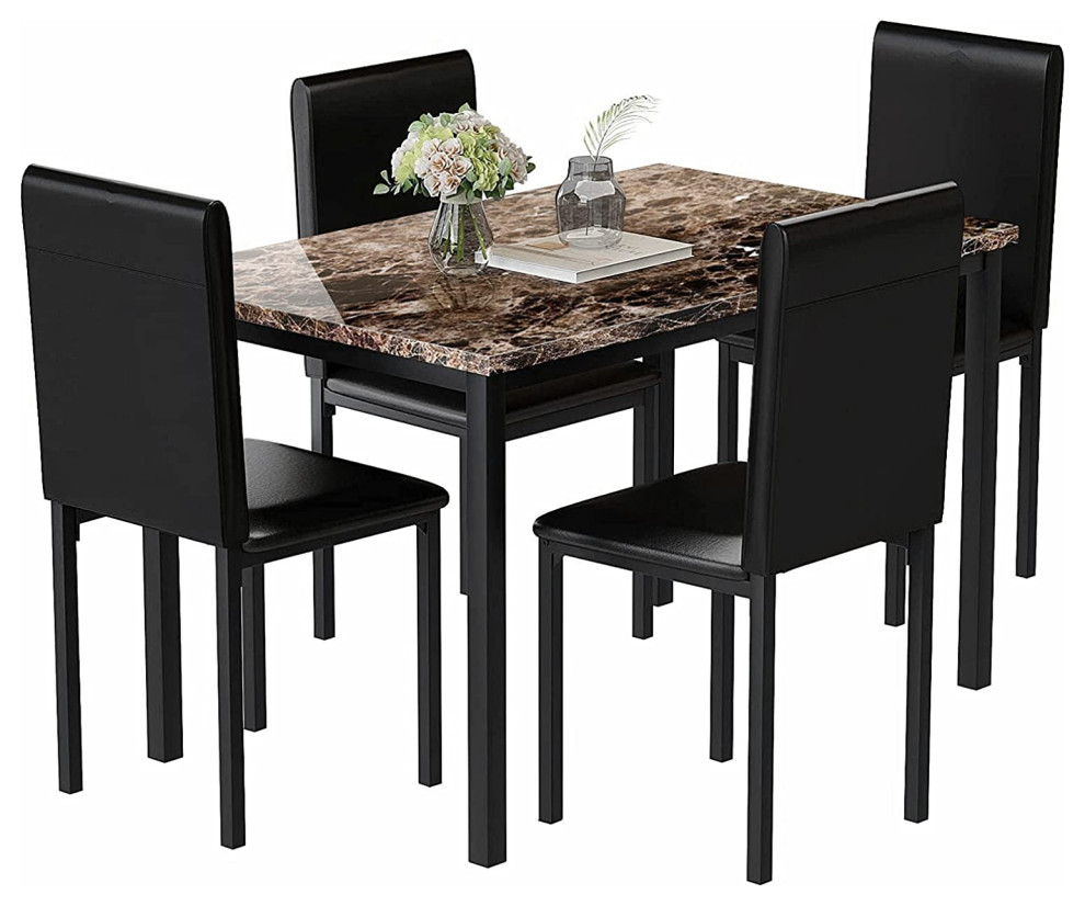 5 Pieces Dining Table, Faux Marble Tabletop With Faux Leather
