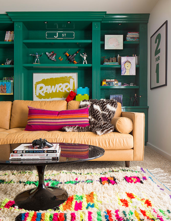 Inspiration for a mid-sized eclectic kids' room for boys in Chicago with green walls and carpet.