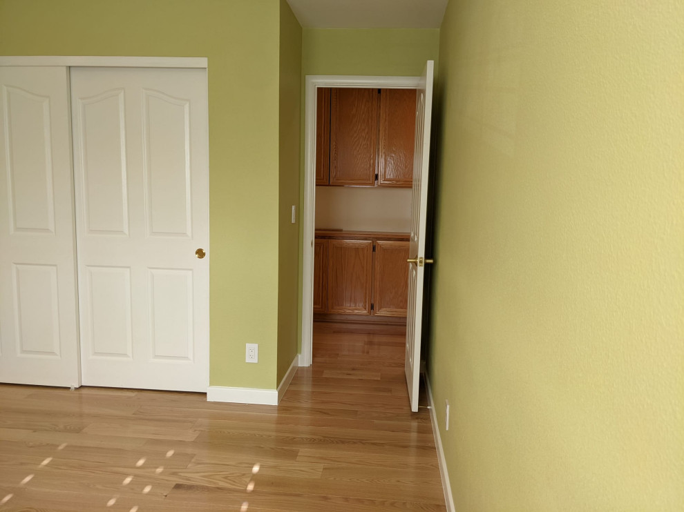 Immagine di una camera degli ospiti minimal con pareti verdi, pavimento in legno verniciato e pavimento arancione