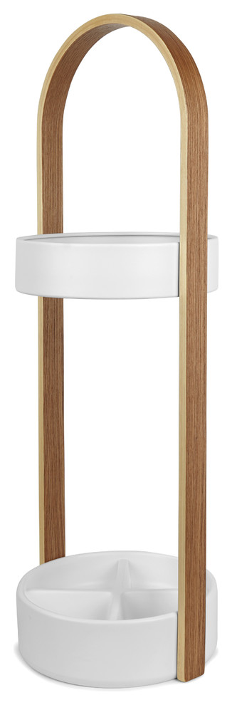 Bellwood Modern White-Natural Wood & Steel Freestanding Umbrella Stand