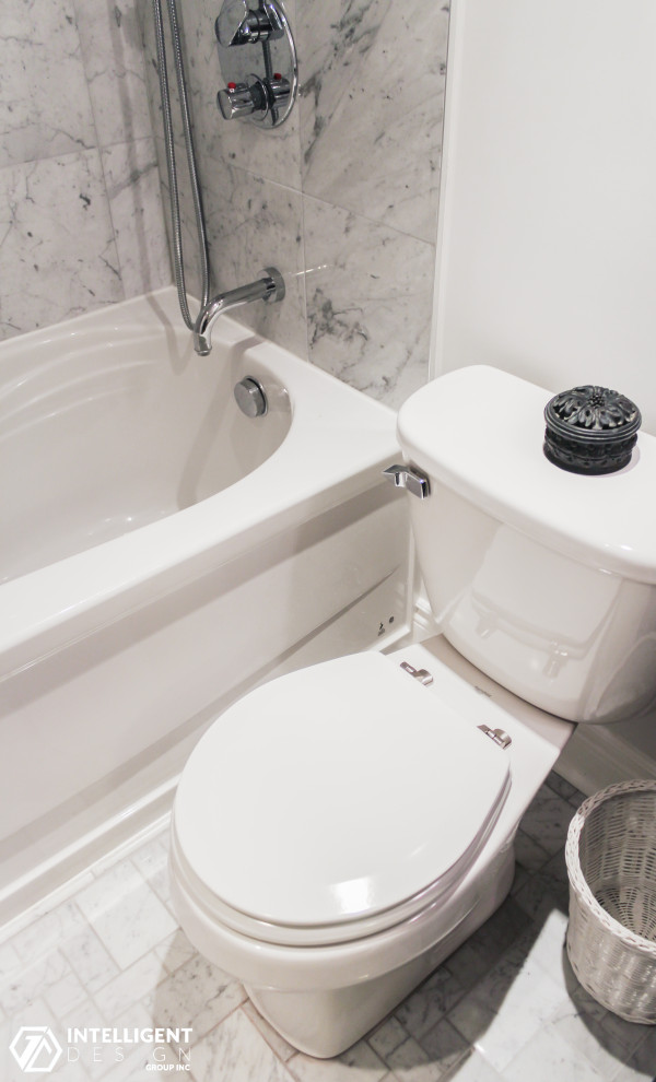 Example of a mid-sized transitional master white tile and marble tile white floor and double-sink alcove bathtub design in Toronto with flat-panel cabinets, dark wood cabinets, white walls and a freestanding vanity