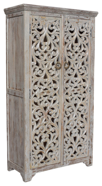 Bengal Manor Mango Wood Hand Carved Open Design 2 Door Tall Cabinet Bengal Manor Mango Wood Hand Carved Open Design 2 Door Tall Cabinet