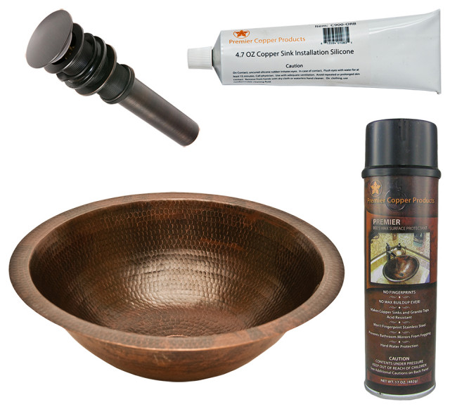 17" Round Under Counter Hammered Copper Bathroom Sink, Drain