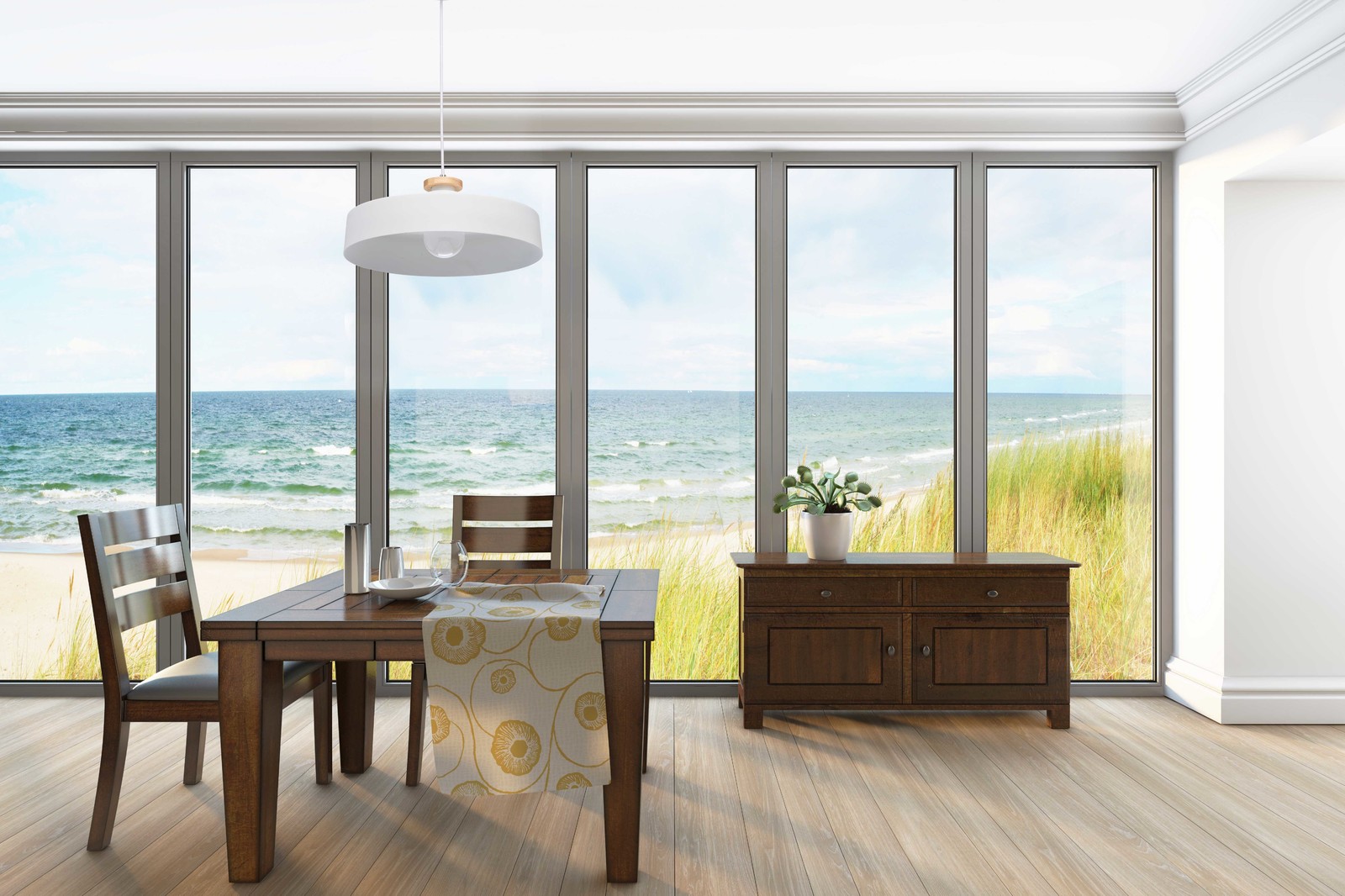 Просторная столовая с витражными окнами  и видом на море