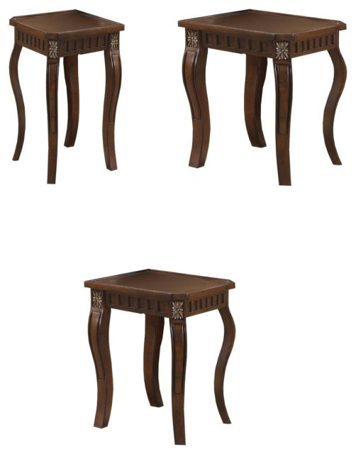 Set of 3 Traditional End Table, Curved Legs With Golden Carving Details, Brown