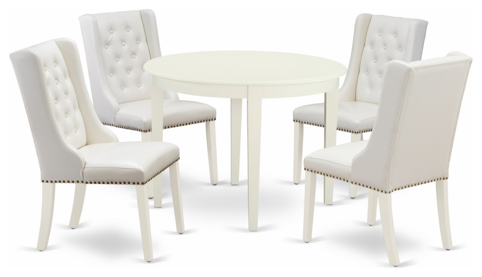 5Pc Dining Set, 1 Table, 4 Light Grey Padded Parson Chair, Linen White