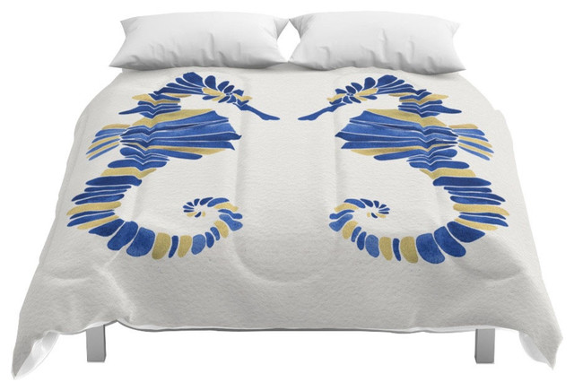 Society6 Seahorse Navy Gold Comforter Beach Style