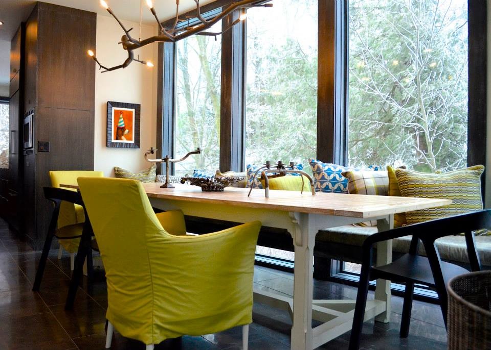 Transitional great room photo with white walls