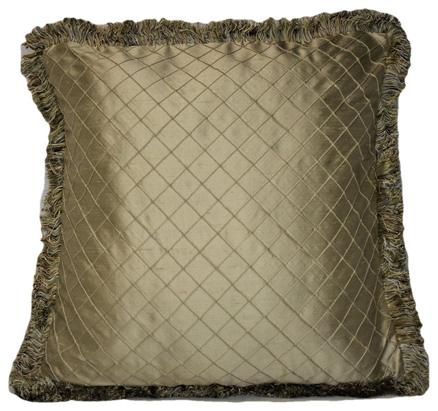 Solid Silk Gold Fringe Decorative Throw Pillow, 14x18 Contemporary