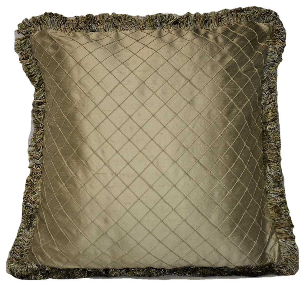 Solid Silk Gold Fringe Decorative Throw Pillow, 14x18 Contemporary