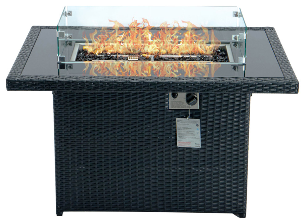 LeisureMod Mace Wicker Patio Modern Propane 44" Fire Pit Table, Black