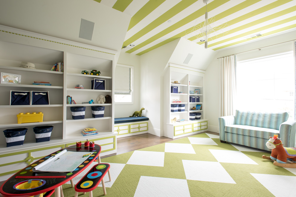 Transitional gender-neutral kids' playroom in Dallas with white walls.