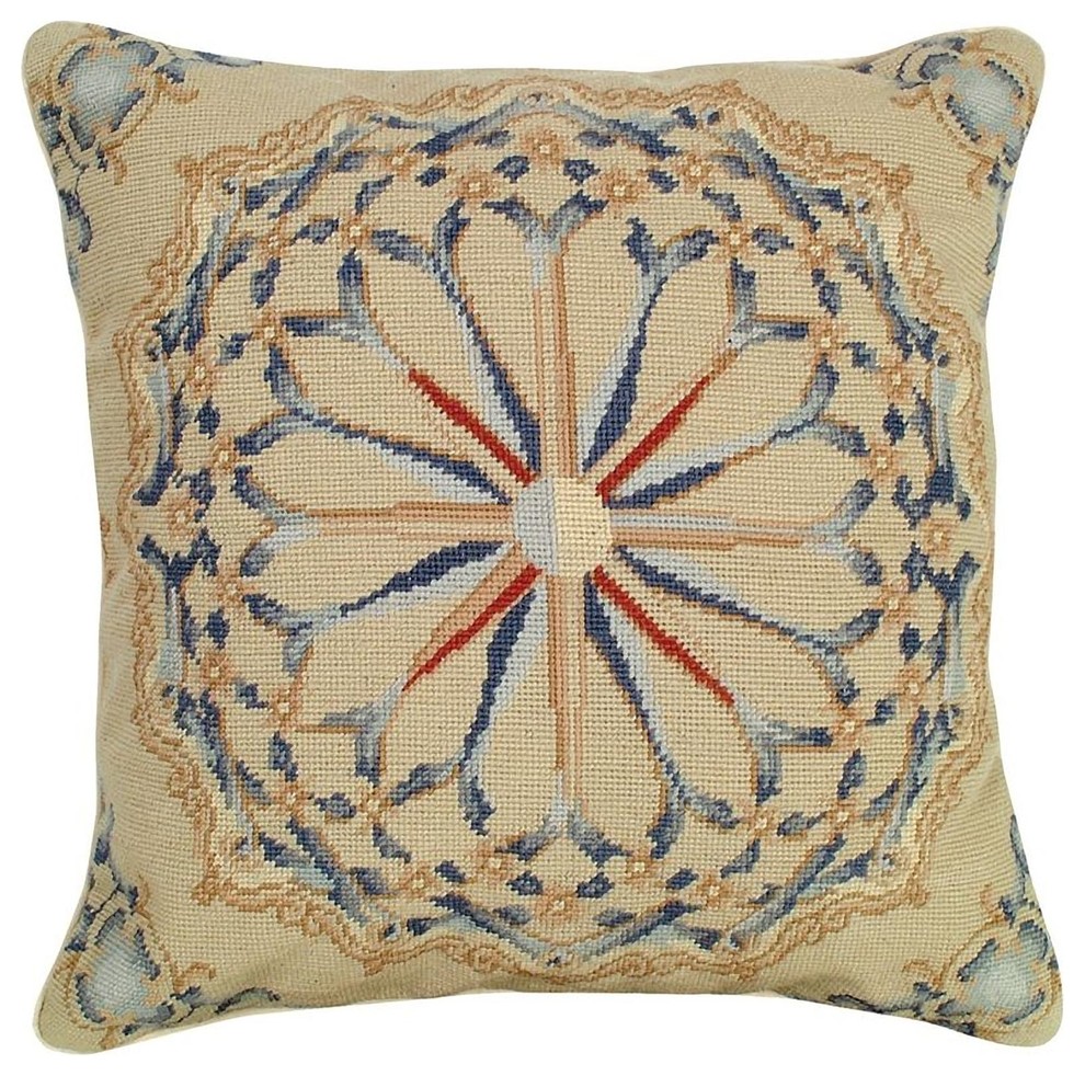 Throw Pillow Needlepoint Medallion Center Large 20x20 Beige Cotton