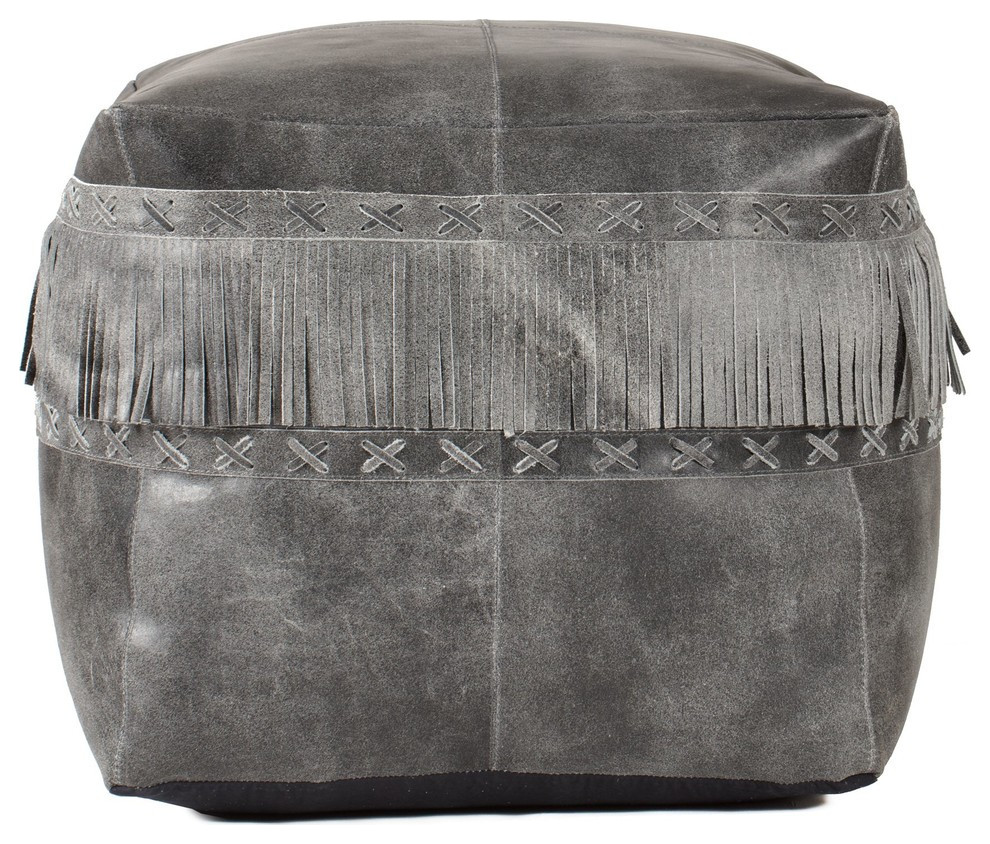 Fenton Genunie Leather Pouf With Frills, Gray