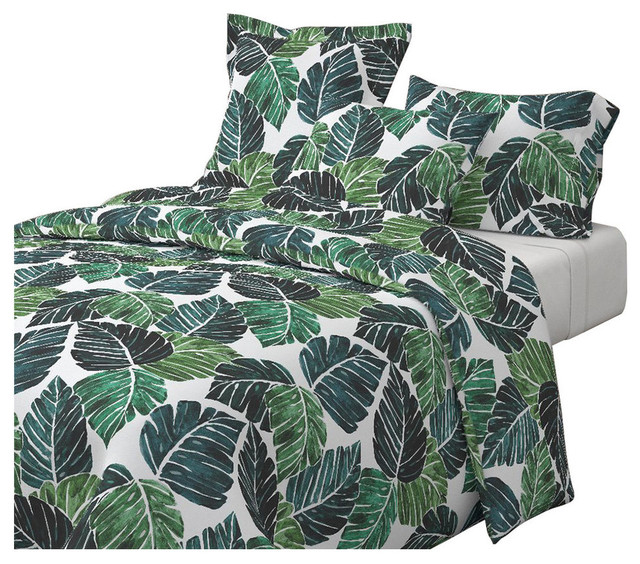 Monstera Leaves Green Tropical Cotton Duvet Cover Tropical