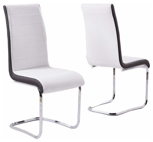 Modern Set of 2 Chairs Upholstered, Faux Leather With Chrome Plated Base, White