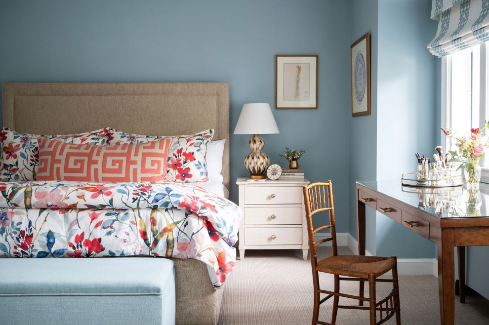 Small transitional master carpeted and gray floor bedroom photo in Baltimore with blue walls