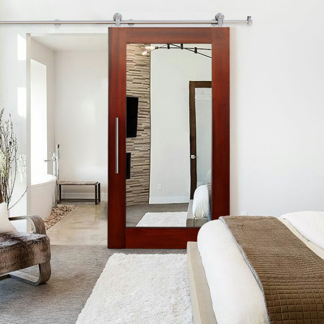 Handcrafted Mirrored Acacia Hardwood Sliding Barn Door With Mirror