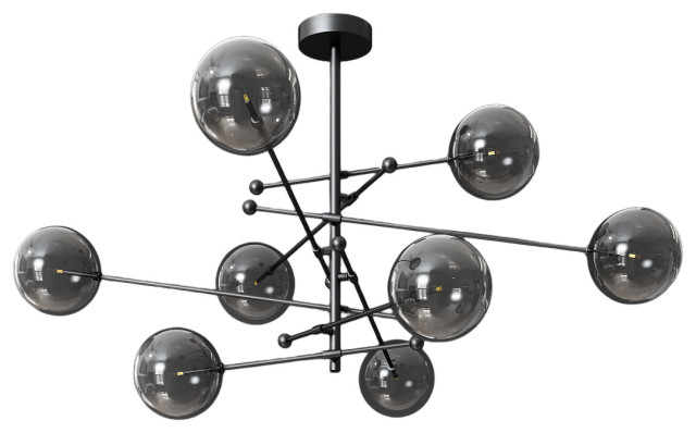 Art Deco Glass Ball LED Chandelier, Black, 8 Balls, Smoky Gray Glass, Warm Light