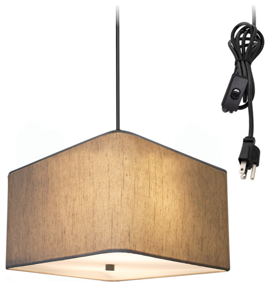 2 Light Swag Plug-In Pendant 14"w Rounded Corner Square Oatmeal Drum ...