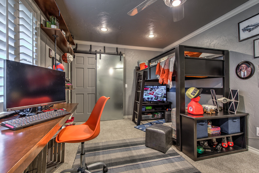 Transitional Kids - Example of a bedroom and small transitional boy carpeted and gray floor kids' bedroom design in Oklahoma City with gray walls