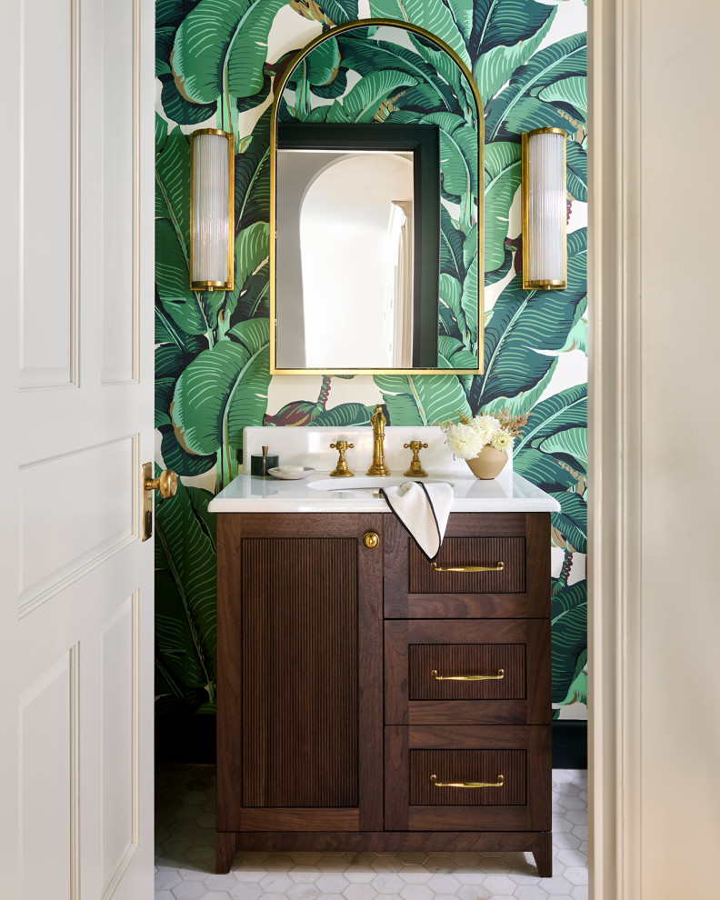 Inspiration for a transitional mosaic tile floor, white floor and wallpaper powder room remodel in Philadelphia with shaker cabinets, dark wood cabinets, multicolored walls, an undermount sink, white countertops and a freestanding vanity
