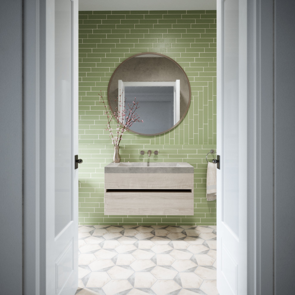 Muted Bathroom with Concrete Vanity and Decorative Tile Contemporary