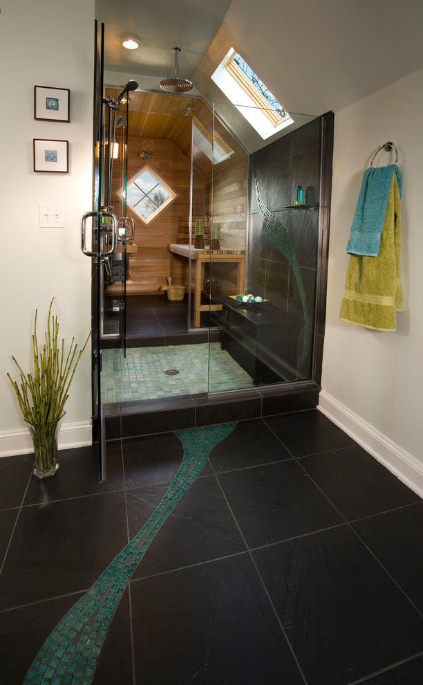 This is an example of a modern bathroom in Portland with with a sauna.